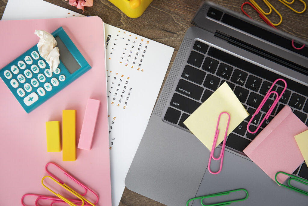still life office desk mess